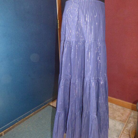 QUIRKY GOTH BOHO FAIRY NAVY BLUE WITH SILVER LUREX STRIPED TIERED MAXI SKIRT 14 - Picture 5 of 8